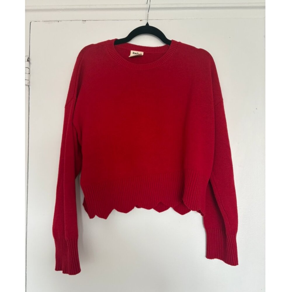 Cotton/Merino Scallop Trim Pullover Sweater - Crimson From Rachel